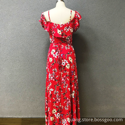 Women's polyester red printed long dress